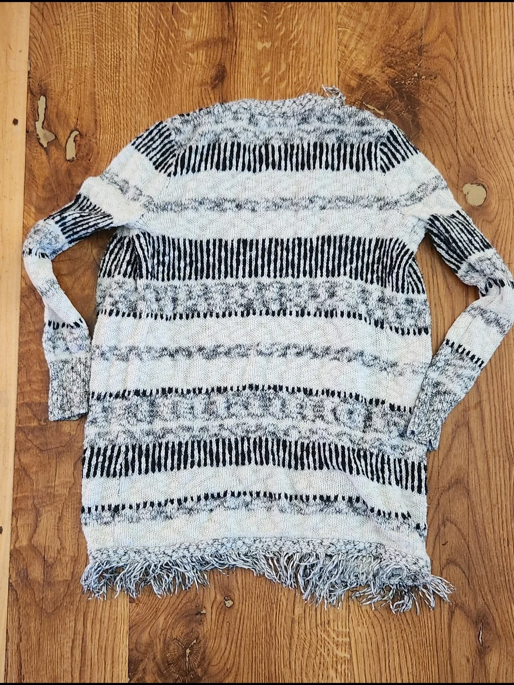 Justice Black & White Striped Fringed Open-Front Cardigan w Pockets - Girls 6